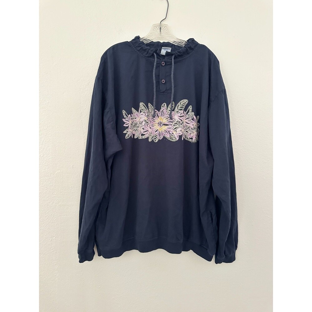 Crazy Shirts Hawaii Henley Sweatshirt Long Sleeve Navy Blue Surfing Men's XXL 2X